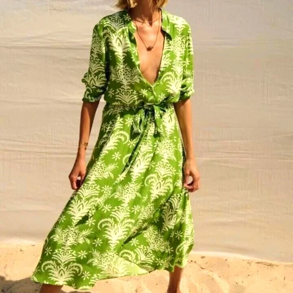 Zara Lilou Belted Green & White Floral Midi Sub Dress - Medium - Picture 1 of 11